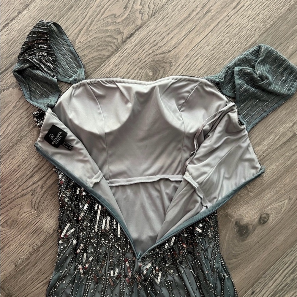 Adrianna Papell Beaded Halter Gown in Dusty Teal and Silver - Picture 4 of 9